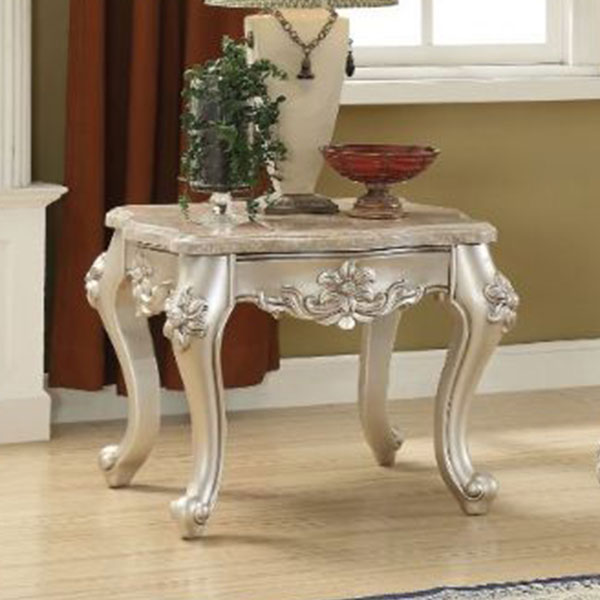 SPECIAL - Champagne Finish Living Room Set Furniture - Wood Trim Fabric Chair & End Tables