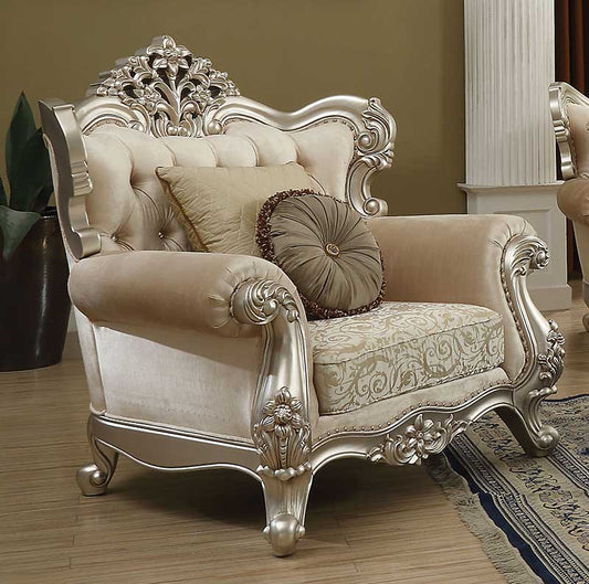 SPECIAL - Champagne Finish Living Room Set Furniture - Wood Trim Fabric Chair & End Tables