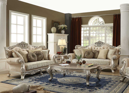 SPECIAL - Champagne Finish Living Room Furniture - Wood Trim Fabric Sofa & Loveseat & Coffee Table Set