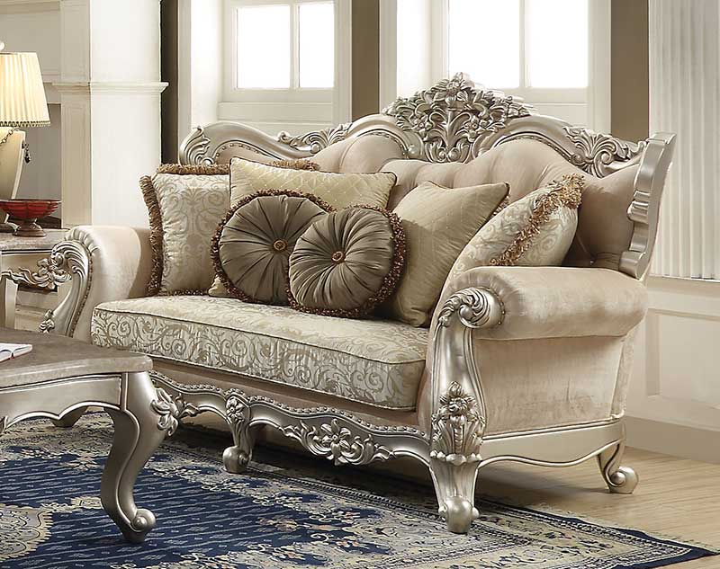 SPECIAL - Champagne Finish Living Room Furniture - Wood Trim Fabric Sofa & Loveseat & Coffee Table Set