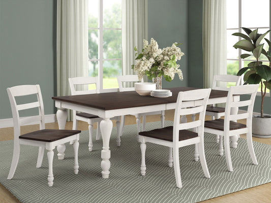 GLENDORA - White & Brown Farmhouse 7pcs Dining Room Table Chairs Set