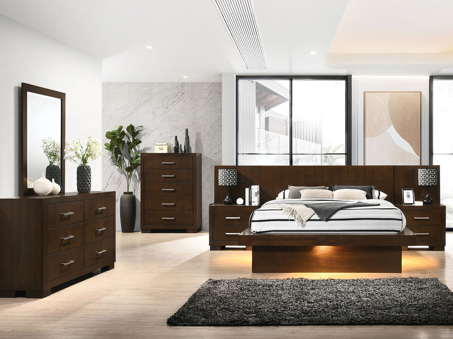 ROSS - Minimalist Modern Glossy Cappuccino Brown 5 pieces Bedroom Set