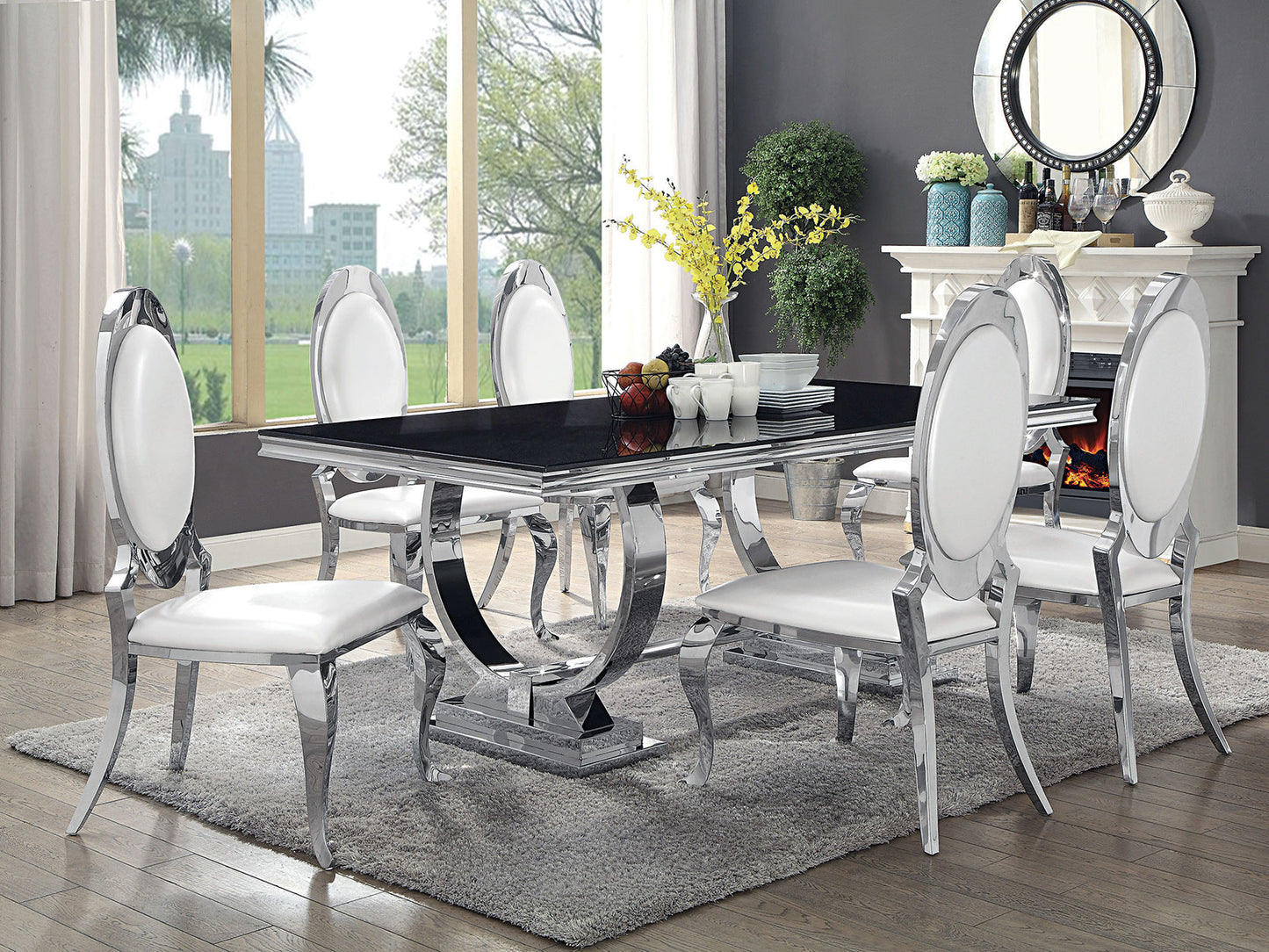 NEWPORT - Art Deco Black Glass & Chrome Finish - 7 pieces Dining Set