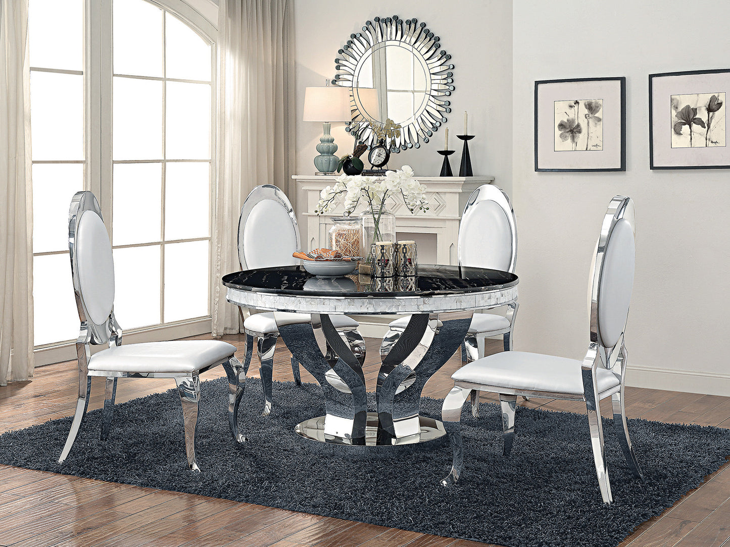 NEWPORT - Art Deco Black Faux Marble & Chrome Finish - 5 pieces Round Dining Set