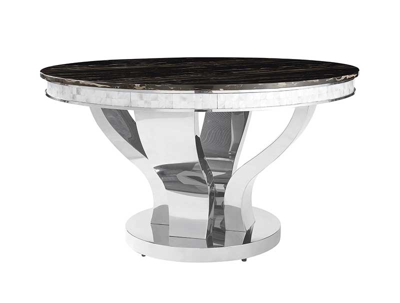 NEWPORT - Art Deco Black Faux Marble & Chrome Finish - 5 pieces Round Dining Set