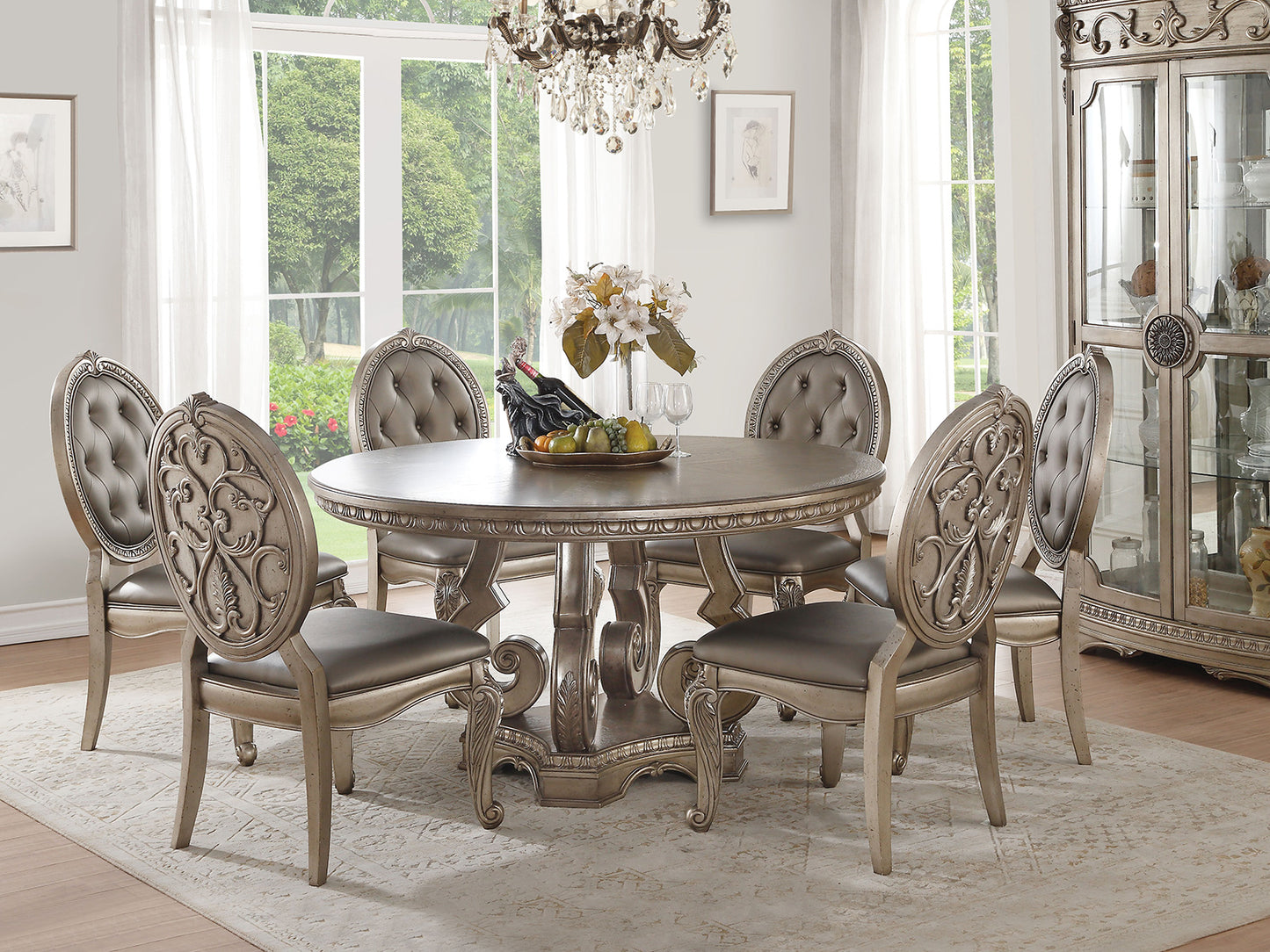 WALBROOK - Traditional Antique Silver Finish 7 pieces Dining Room Set