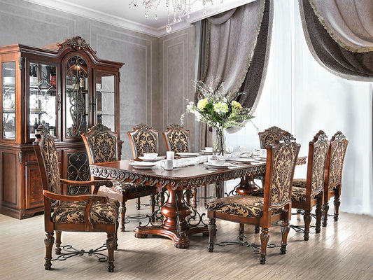 RENATA - Traditional Cherry Brown Finish - 9 pieces Dining Set