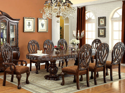 MORAGA - Traditional Cherry Brown Finish - 9 pieces Dining Set