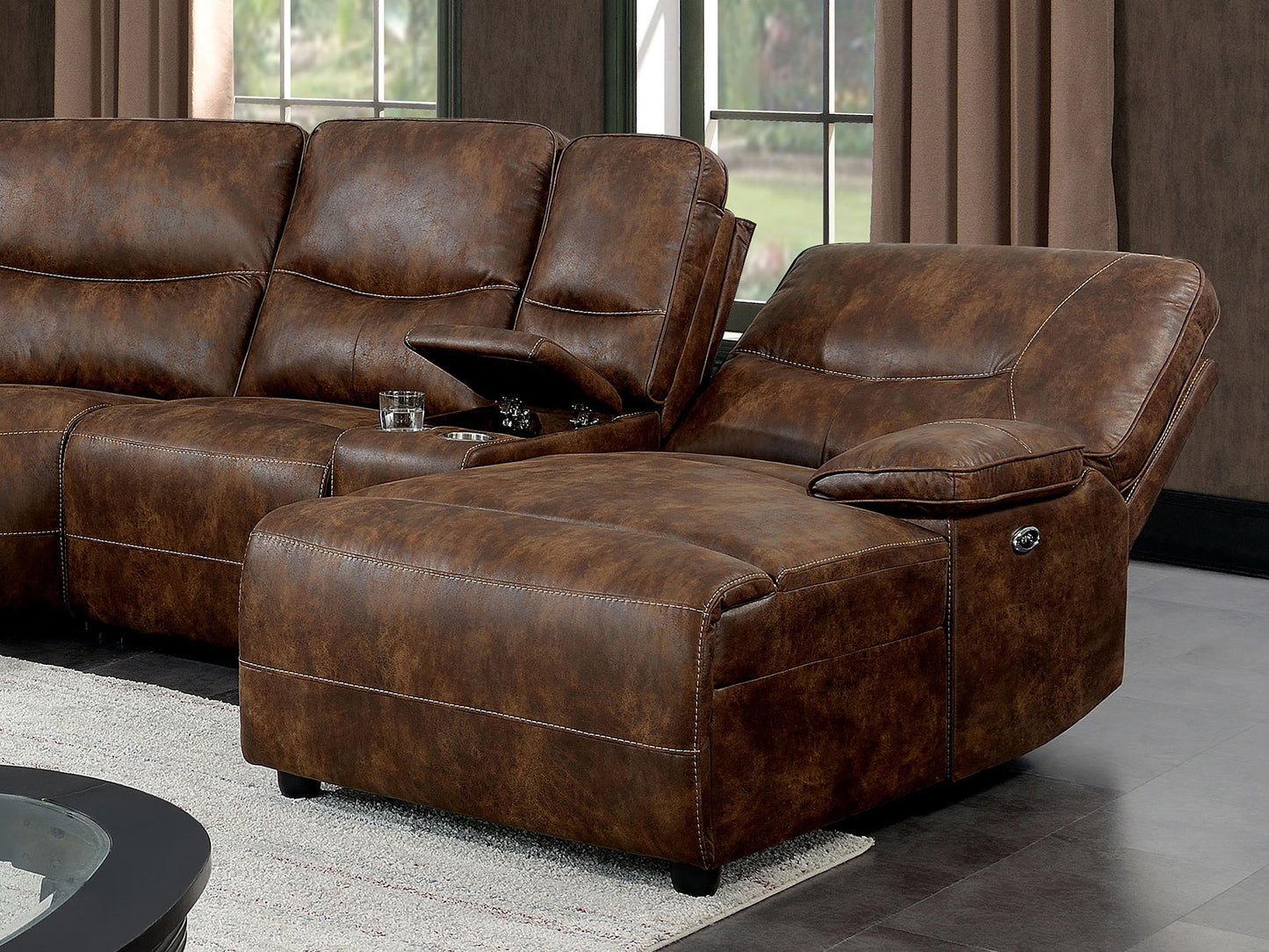 GLENDORA - Modern Living Room Brown Leatherette Power Reclining Sofa Sectional Set