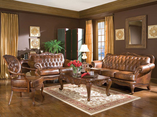 ALEXANDER - Traditional Living Room Brown Leather Sofa & Loveseat Set