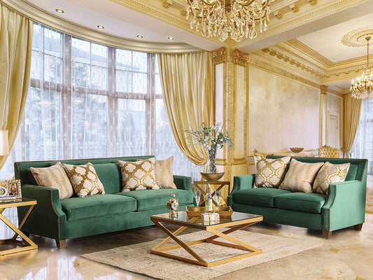 MELLA - Transitional Living Room Green Microfiber Sofa & Loveseat Set - Made in USA