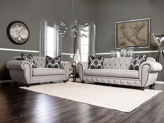 MARTA - Traditional Living Room Tufted Gray Linen Textured Sofa & Loveseat Set - Made in USA