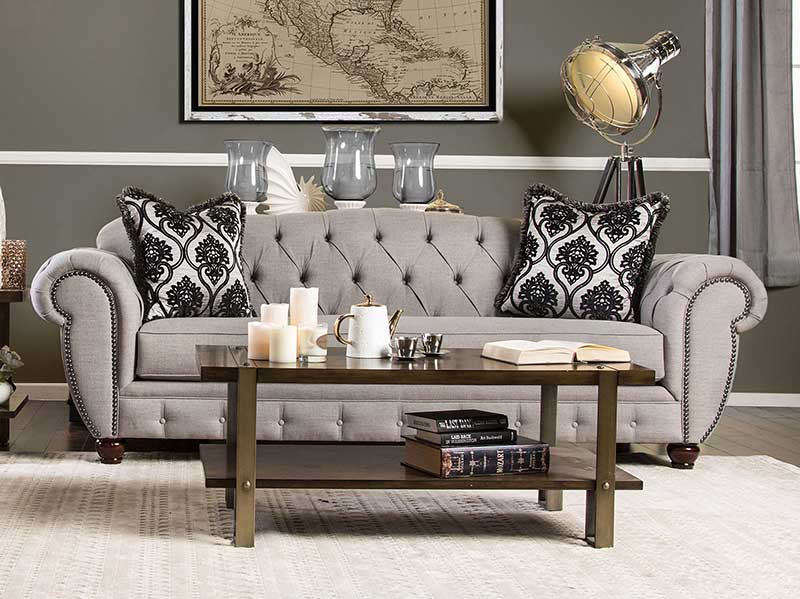 MARTA - Traditional Living Room Tufted Gray Linen Textured Sofa & Loveseat Set - Made in USA