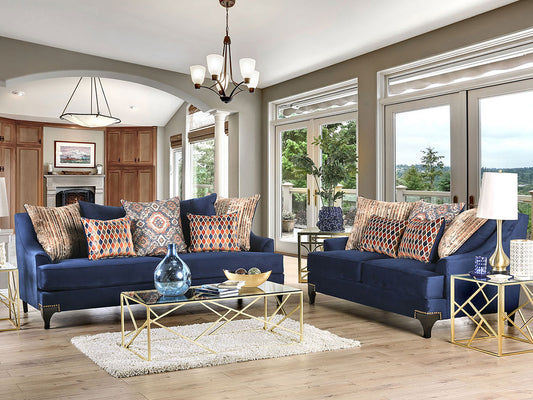 ALAIN - Transitional Living Room Navy Blue Chenille Sofa & Loveseat Set - Made in USA