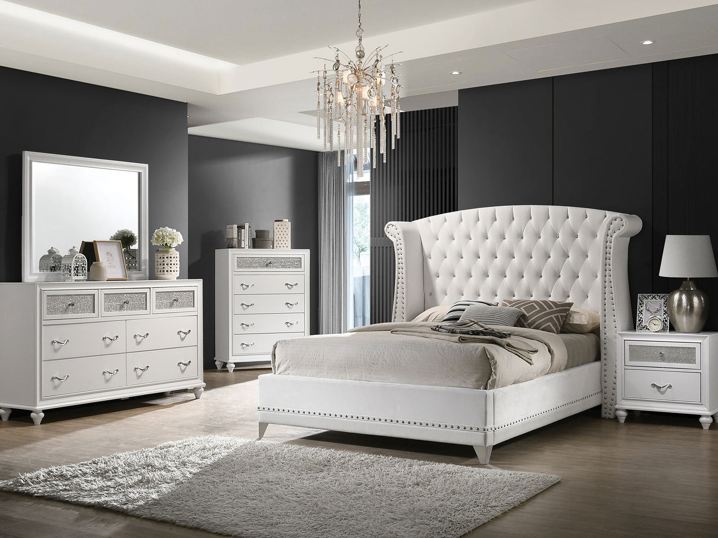 VANELLI - Mid-Century Modern White Chrome Finish 5 pieces Bedroom Set