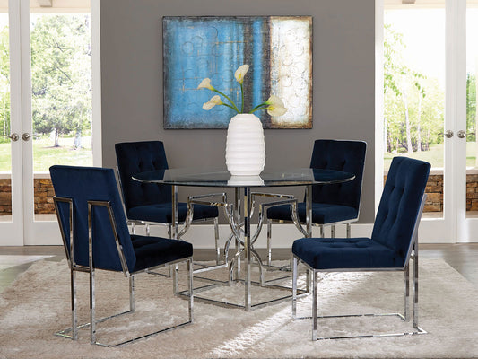 CLAREMONT - Modern Glass Top & Chrome Base - 5 pieces Round Dining Set