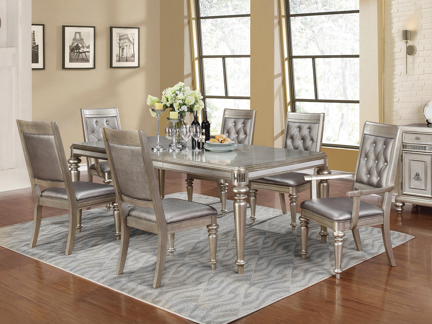 PASADENA - Modern Glam Metallic Platinum Finish - 7 pieces Dining Set