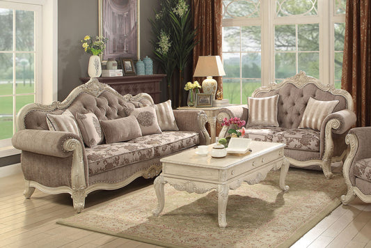 Antique White Living Room Couch Set Furniture - Beige Fabric Sofa Loveseat IRA5